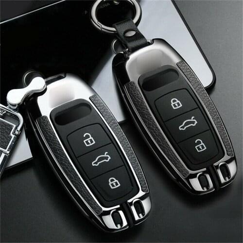 Zinc Alloy + Leather Remote Start Car Key Case Cover Auto Accessories Protector Holder For Audi A6L A7 A8 A8L E-tron Q8 C8 19-20
