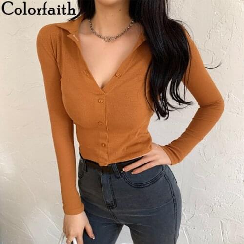 Colorfaith New 2021 Womens Spring Autumn T-shirt Soild Bottoming Basic Korean Style Fashionable Wild Sexy Lady Short Tops T0135