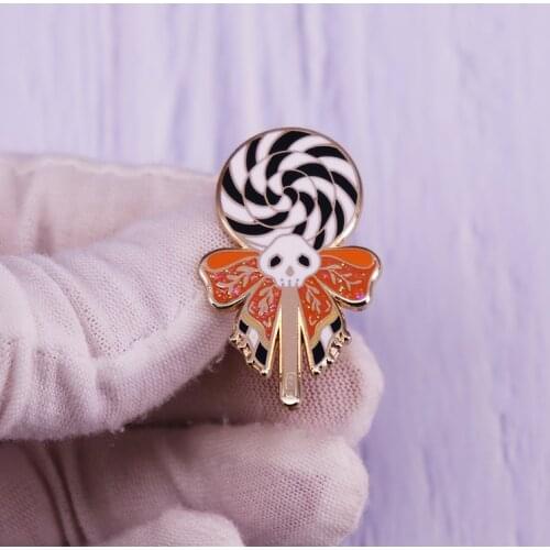 Lollipop Skull Enamel Pin Gold finish Candy Brooch Glitter Spooky Halloween Collection Badge