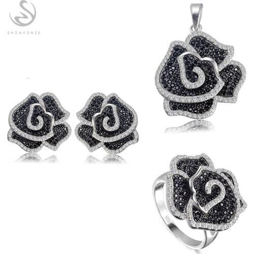 Eulonvan 925 sterling silver luxury women wedding jewelry sets (ring/earring/pendant) White and Black Cubic Zirconia S-3789set