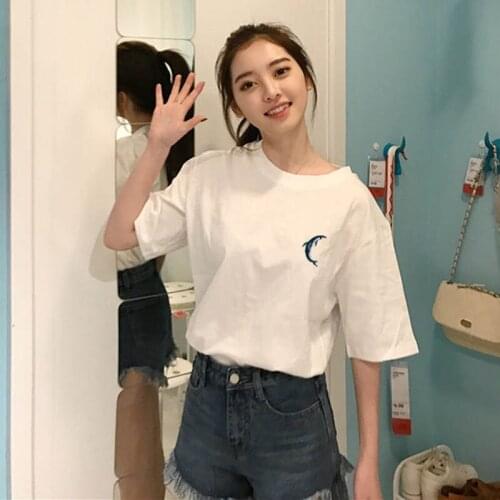 T-shirt Women Short Sleeve Loose All Match Simple Womens Embroidery High Quality Slim Daily Students TShirt Soft Female Clothing