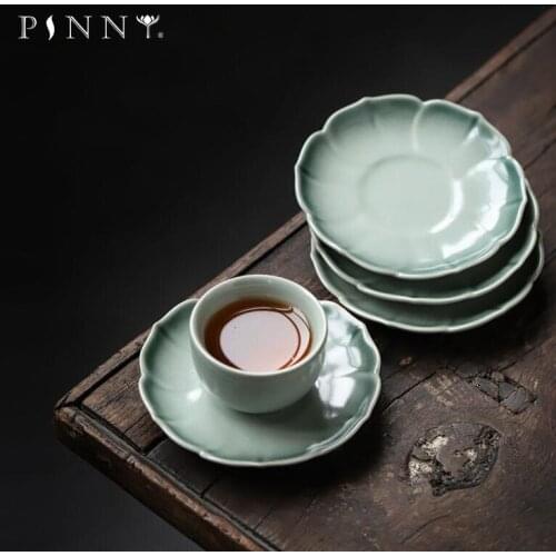 PINNY Retro Ceramic Cyan Glaze Teacup Saucers Pigmented Heat Resistant Kung Fu Tea Cup Pads Vintage Tea Accessories