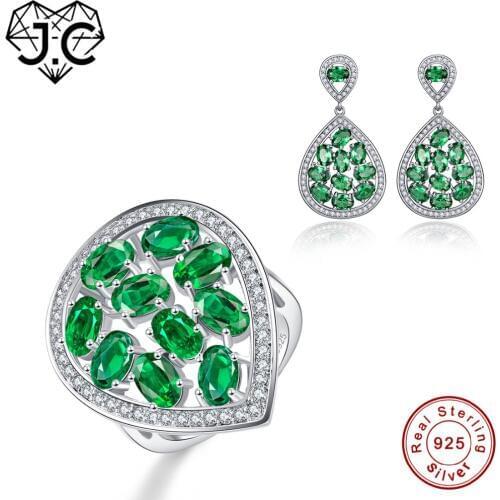 J.C Women Delicate Emerald Topaz Ring & Earring Engagement Real 925 Standard Sterling Silver Jewelry Set Water Drop Shaped