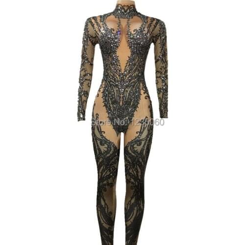 Hollow Black Crystals Stretch Jumpsuit Sexy Nightclub Bar Dance Wear Bodysuit Leggings Celebrate Outfit Performance Clothing