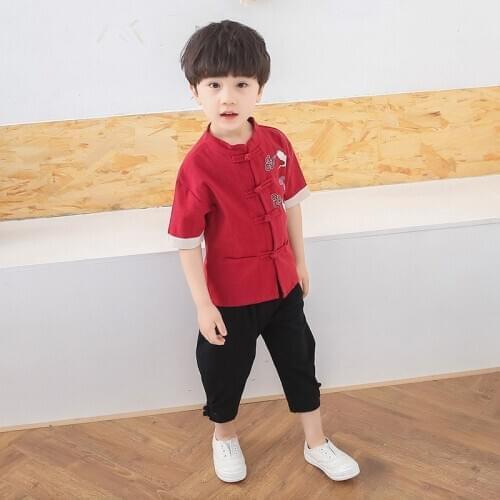 Chinese style boy cotton and linen suit summer short-sleeved childrens clothing retro Tang suit school uniform Hanfu