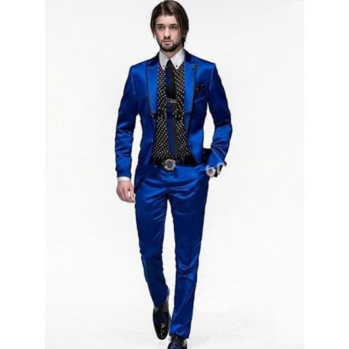 Handsome Blue Satin Shiny Mens Evening Dress Toast Suits Groom Tuxedos Blazer Coat Trousers Set (Jacket+Pants+Tie) NO:218