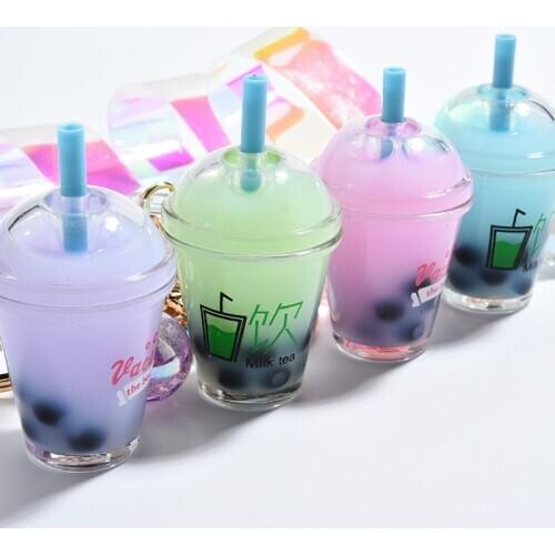 Creative Mini Soft Drink Keychain Milk Tea Beverage Bubble Tea Keyring Moving Liquid Oil Drop Decompression Keyfob Jewelry Gift