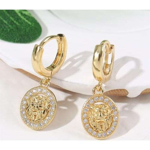 Fashion Ladies Gold Color Copper Metal Animal Lion Drop Earrings For Women Girls High Quality CZ Cubic Zirconia Dangle Earring