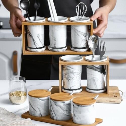 Japanese Style Marbled Ceramic Seasoning Pot Seasoning Pot Household Combination Kitchen Oil Salt Pot Seasoning Box Bottle Pot