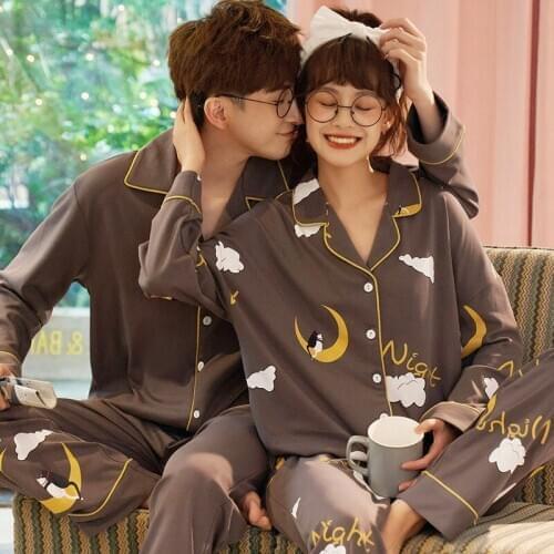 Winter Warm Couple Pajama Set Cotton Loose Cardigan Pyjamas Women Men Long Sleeve Homewear Cute Clouds Pattern Lovers Pajama Set
