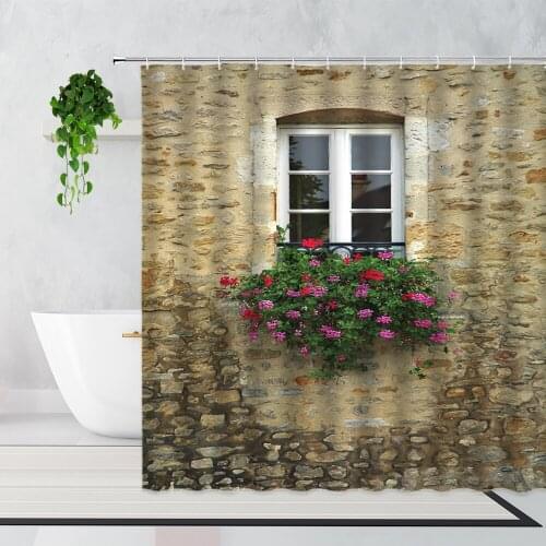 Retro Wall Window Scenery Shower Curtains Garden Flowers Plants Potted Home Decor Background Waterproof Bath Curtain With Hooks