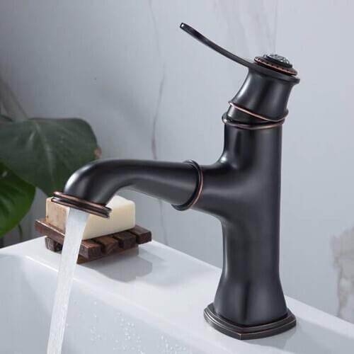 WZLY Basin Faucets Black Copper Pull Out Bathroom Chrome Basin Faucet Deck Mounted Cold Hot Water Sink Crane Mixer Taps Torneira