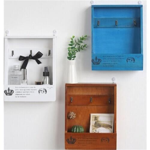 Modern Decorative Shelve Mailbox Wall Shelf Wood Hanging Key Storage Holder Home Door Decoration Brown Blue