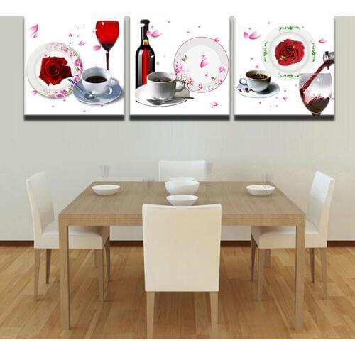 Modern Wall Art For Living Room 3 Piece Coffee Cup Plate Flower Wine Glass Printed Picture Modular Painting Home Decor Canvas