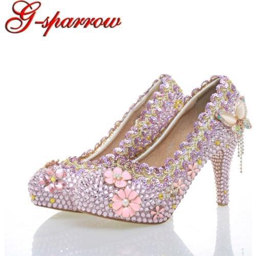 New Fashion Platform Pumps Pink Rhinestone Wedding Shoes High Heel Gorgeous Crystal Wedding Ceremony Pumps Party Prom Shoes