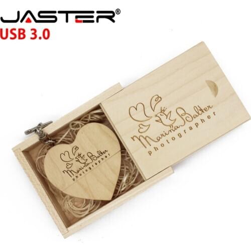 JASTER USB 3.0 (over 10 PCS free LOGO) walnut wooden heart + gift box USB flash drive creative 8GB 16GB 32GB 64GB memory stick