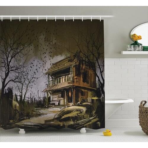 Rustic Home Decor Shower Curtain Old Haunted Abandoned Wood House at Dark Night with Bats Scary Horror Paint Bathroom Curtains