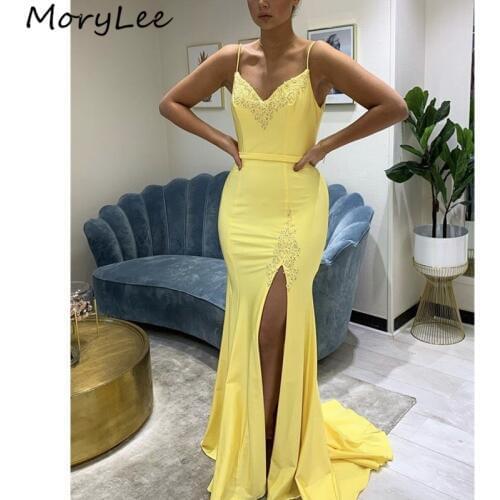 Yellow Evening Dresses V-Neck Spaghetti Side Slit Floor Length Mermaid Silk Satin Evening Dresses vestidos de fiesta de noche