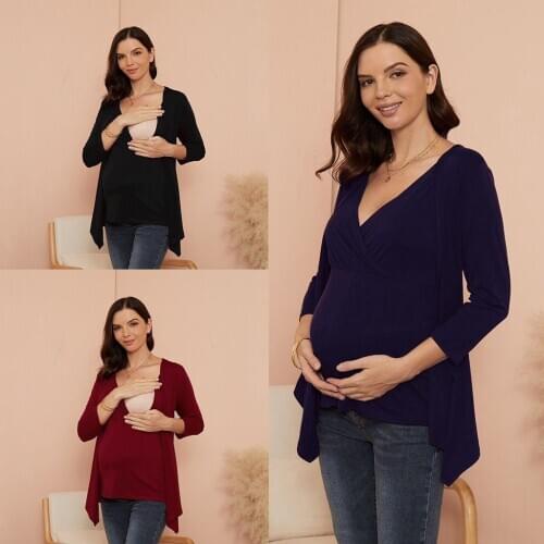 Womens Clothing Pregnancy Shirt Maternity Clothes Long Sleeve V-neck Nursing T-shirt Top For Breastfeeding Pregnant Blouses Top