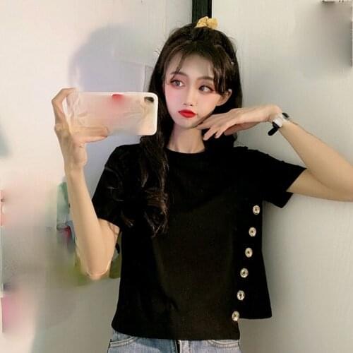 Woman Tshirts Summer New 2021 Korean Fashion Button Female Tops Casual Loose Short Sleeve Solid O-Neck Coller Femme Tees