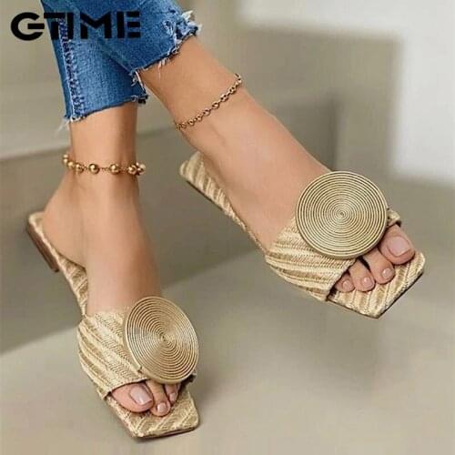 2021 New Woman Summer Flat Sandals Plus Size Round Buckle Solid Flats Female Casual Slippers Ladies Women Fashion Beach Shoes