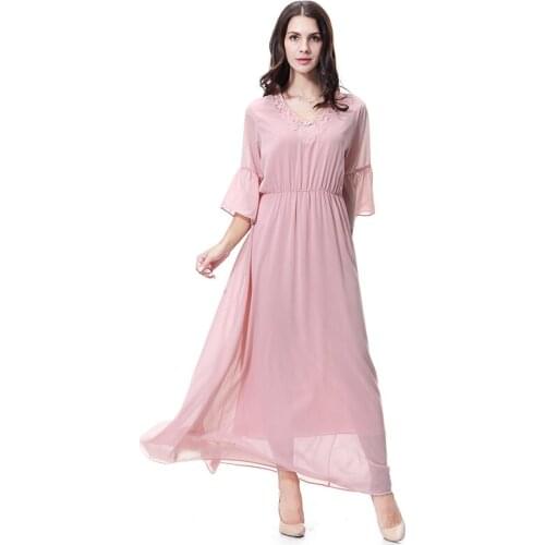 Women Chiffon Dress Ethnic Maxi Muslim Robe V Neck Islamic Clothing Middle-Sleeved Slim Dress