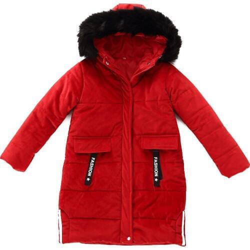 Girls Winter Parka Jacket 2018 New Fashion Long Type Sold Color Velvet Fabric Cotton Coat Fur Collar Padded Outerwear For 3-11Y