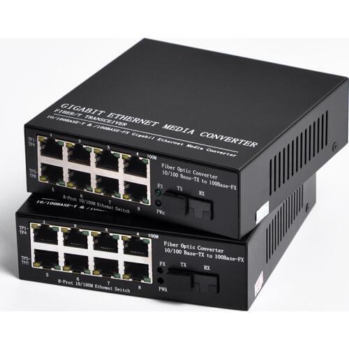 1Pair 1 SC interface and 8 ports RJ45 ethernet swltch converter 10/100M Single Fiber 20KM fiber optic Receiver