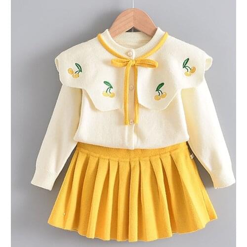 2021 Baby Spring And Autumn Knitting Two-piece Embroidered Flower Bow Long-sleeved Top + Pleated Skirt Elegant Princess Clothing