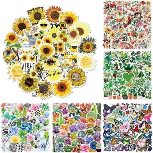 50Pcs/set Green Potted Plant Decorative Stickers Aesthetic Trolley Case Stickers PVC Sun Flower Sticker Scrapbooking Material