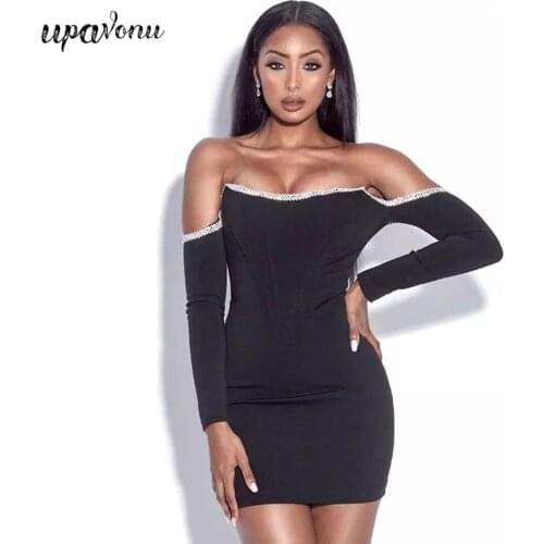 Free Shipping Women Sexy Long Sleeve Off Shoulder Diamonds Black Bodycon Bandage Dress 2021 Elegant Evening Party Club Vestidos