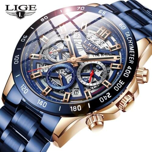 2021 LIGE New Fashion Mens Watches with Stainless Steel Top Brand Luxury Sports Chronograph Quartz Watch Men Relogio Masculino