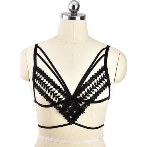 Black Lace Bondage Harness Goth Fetish Cage Bralette Nightclub Sexy Lingerie Polyester Body Harness Women Cosplay Clothes