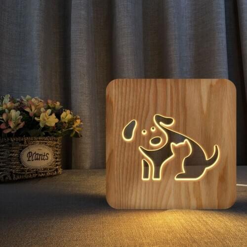 Cat and Dog Animal Shape Wooden Head Lamp Pine Hollow Wood Table Lamp Creative Childrens Bedside Lamp