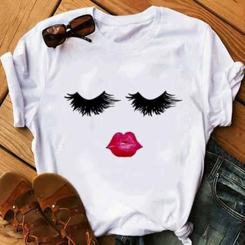 Makeup eyelashes Harajuku ladies sexy round neck T-shirt fashion clothing summer high-quality comfortable and breathable T-shirt