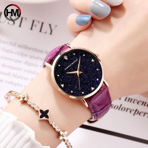 HANNAH MARTIN Fashion Leather Womens Wristwatches Ladies Bracelet Watch Japan Quartz Movement Relogio Feminino Clock Purple