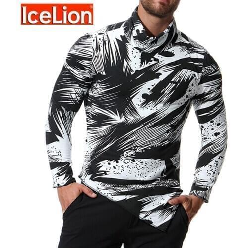 IceeLion 2021 Autumn Print T shirt Men Long Sleeve Fitness Turtleneck T-shirt Fashion Solid Streetwear Mens Slim Fit Thin Shirt