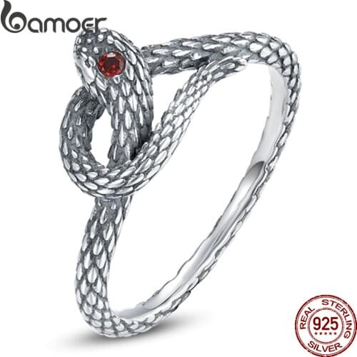 BAMOER Slytherin 925 Sterling Silver Vintage Dark Snake Ring Greek Myth Evil Ruby Jewelry for Women Engagement Jewelry SCR735