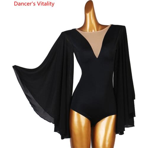 Latin Dance Body Suit Chiffon Onesies Flared Sleeves Performance Clothes Profession Custom Adult Child Competition Clothing