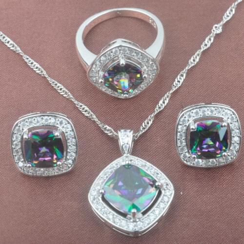 Multicolor Rainbow Cubic Zirconia Wedding Womens Jewelry Sets Silver Color Ring Necklace And Earrings Set TZ0125
