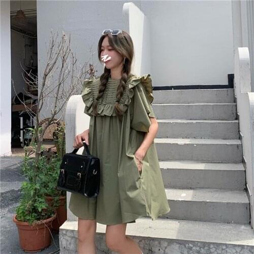 Fashion Women Summer Casual Short Sleeve Ruffles O-Neck Solid Dress 2021 Hot New Fashionable Causal Womens Summer Dress Green