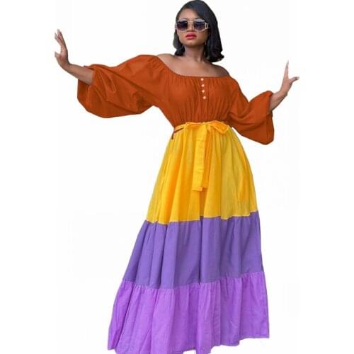 Slash Neck Maxi Dress Women Lantern Sleeve High Elastic Waist Robes Gowns Summer New Beach Holiday Colors Ruffle Long Dress 2021