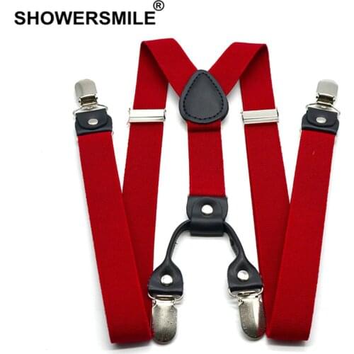 SHOWERSMILE Red Suspenders Men Classic Pants Strap Y Back 120cm Casual Retro Trouser Braces 4 Clips Elastic Male Suspender Belt