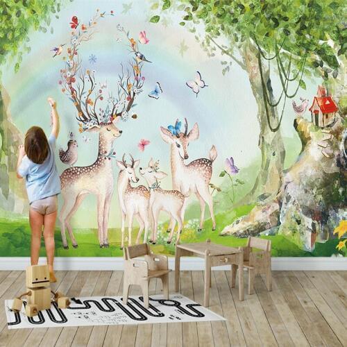 Custom Photo Wallpaper 3D Forest Rainbow Elk Murals Childrens Bedroom Cartoon Wall Painting Kids Room Creative Wall Papers 3 D