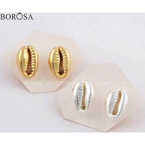 BOROSA Natural Cowrie Shell Gold Plated Studs Beach Shell Silver Color Earrings Seashell Fashion Jewelry For Gift G1771
