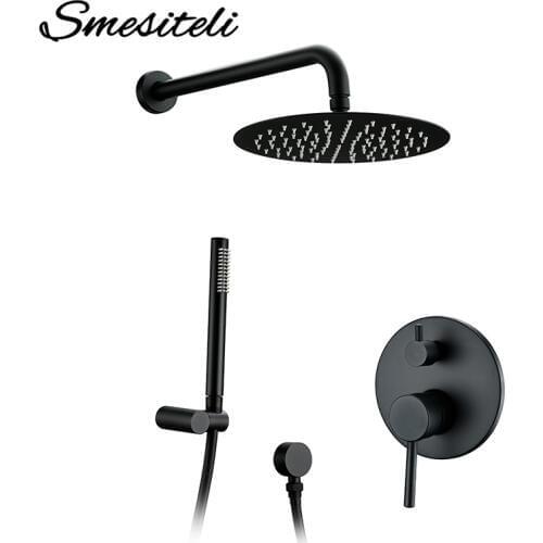 Sold Brass Matte Black Round Shower Set 8/10/12 Inch Head Straight Wall Arm Set With Mixer Taps Alba Black Bathroom Bath Faucet