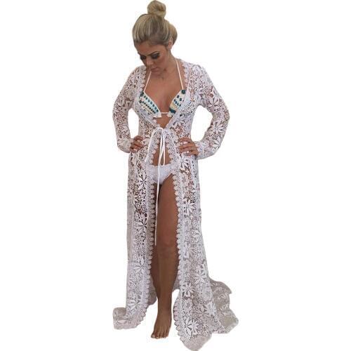 Sexy Lace Crochet See Through Beach Dress Cover Up Robe de Plage Swimsuit Cover Up Saida de Praia longa Women Bathing Suit Tunic