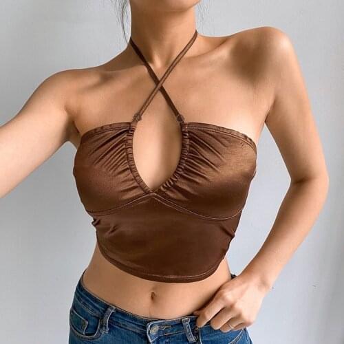 Sexy Strappy Brown Y2K Halter Crop Top Women Summer Backless Cami Tees Ladies Fashion Vintage Grunge Tank Tops Party Clothes