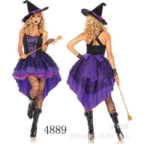 Sexy Adult Witch Costume Halloween Witch Dress Sexy Costumes Women Halloween Christmas Full Set Long Purple Swallowtail Dress