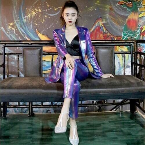 Sexy Lady Purple Colorful suit Stripe Jacket Pants Suit Celebration Stage Host Suit Singer Concert Costume music festival cloth